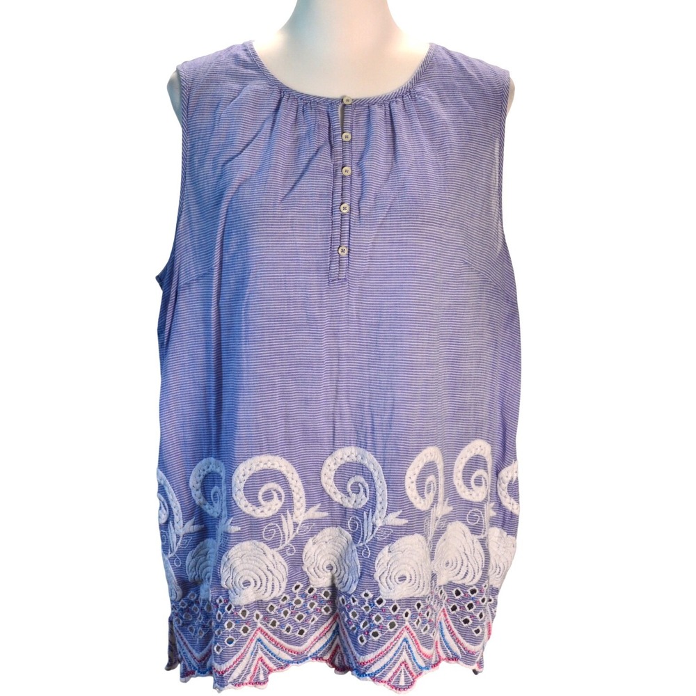 Talbots XL Embroidered Sleeveless Top Tank Cool Cotton travel summer Blue White